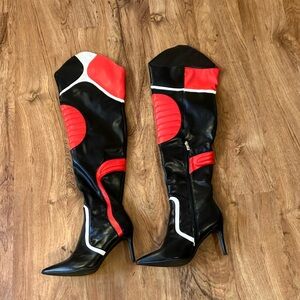 Liliana Black and Red Women's thigh high moto heeled Boots size 8